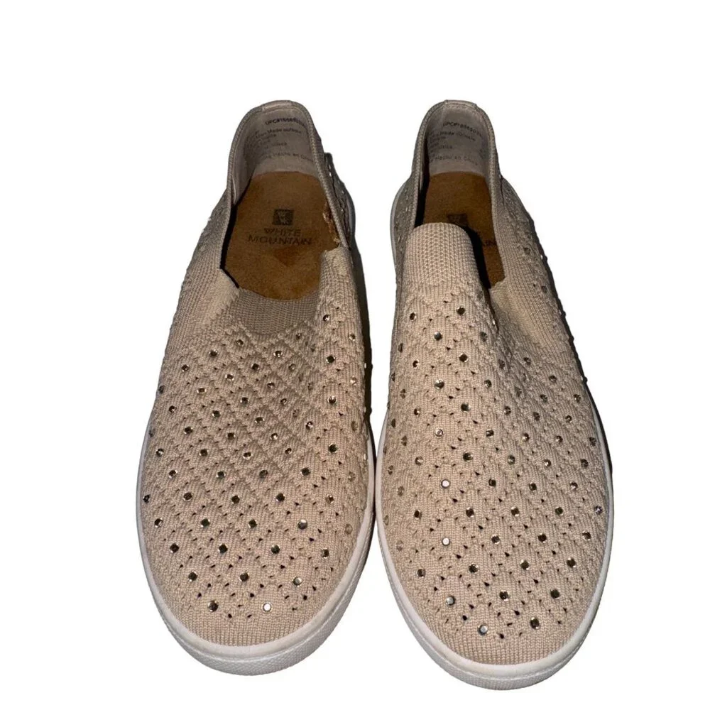 White Mountain Womens Pull-On Sneakers 7M Beige Bling Knit Stretch Modern Casual - Picture 1 of 9